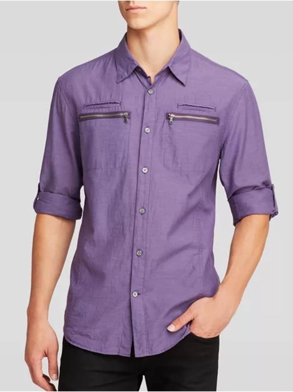 John Varvatos Purple Double Zip Chest Pocket Button-Down Shirt, size XXL